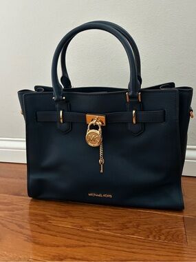 NWT Michael Kors Navy Leather Satchel with Gold Hardware